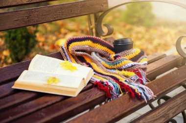 Sonbahar parkındaki ahşap bankta kitap ve eşarp.