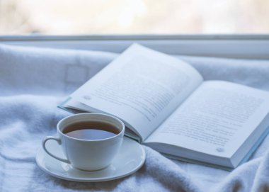 Cozy kış Natürmort: bir fincan sıcak çay ve pencere dışında kar manzara karşı sıcak ekose ile kitap.