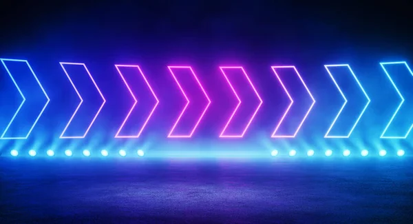 Abstrakter Neon Raum Mit Richtungsweisendem Cursor Zum Rechts Beleuchteten Scheinwerfer Stockbild