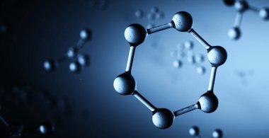 Mavi kopya alanı arka planında birçok mavi şeffaf tek altıgen molekül dizaynı