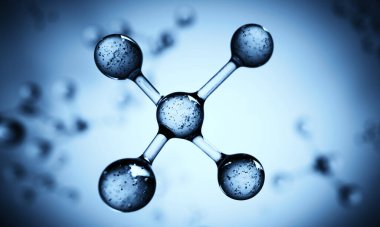 Çoklu bağlantılar 3D moleküller berrak mavi alan arka planında yüzerler