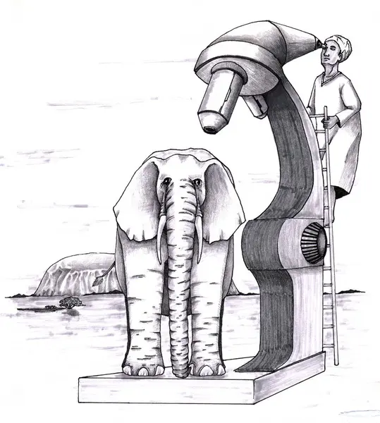 stock image An elephant under a huge microscope is examined by a man on a ladder peering into the microscope outside in a natural environment in this black, white, gray illustration. Ayers rock in the background.