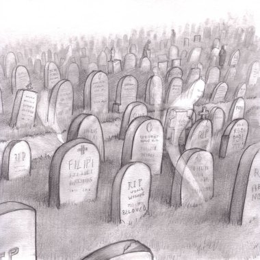 Birçok mezar taşı varyasyonları havada uçuşan ruhlarla birlikte insanları ziyaret ediyor. Gündüzleri çeşitli mezar taşları olan mezarlık çizimleri, hayaletler uçuşuyor ve insanlar ziyarete geliyor..