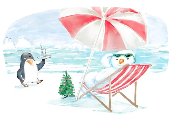 Счастливого Рождества Южном Полюсе Снеговик Сидящий Пляжном Шезлонге Открытым Небом — стоковое фото