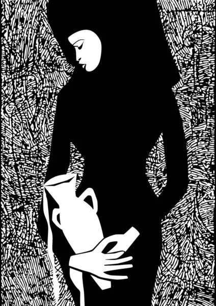 美丽的北非女人手里拿着一个罐子 倒了些水 抽象风格 背景中的华丽而复杂的纹理是在独立的层中创建的 黑白配色方案 — 图库矢量图片