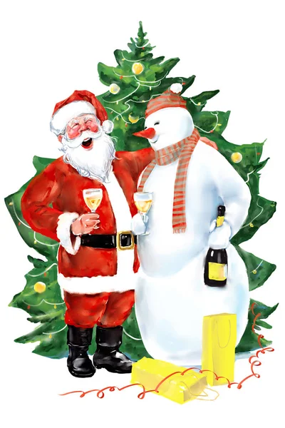 Buon Natale Champagne Digital Illustrazione Stile Acquerello Abbozzato Babbo Natale — Foto Stock