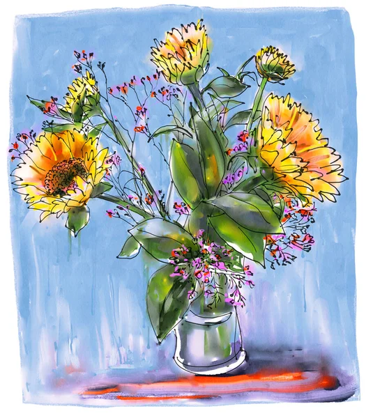 花瓶の中の水彩ひまわり 水彩画風の花のデジタルイラスト スケッチな黒インクの輪郭 静物画 — ストック写真