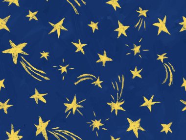 Kusursuz çizgi film yıldızlı gece arkaplanı. Kusursuz bir şekilde kusursuz desen, pürüzlü fırça darbeleri..