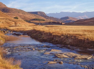 Bushmans Nehri, Güney Afrika 'daki KwaZulu-Natal' daki Ukhahlamba Drakensberg Parkı 'nda Giants Castle Game Reserve yakınlarında akıyor..