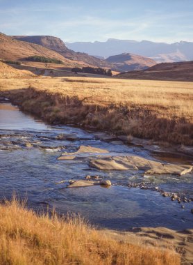 Bushmans Nehri, Güney Afrika 'daki KwaZulu-Natal' daki Ukhahlamba Drakensberg Parkı 'nda Giants Castle Game Reserve yakınlarında akıyor..