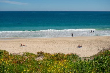 PERTH, AUSTRALYA - 26 Ağustos 2023: Batı Avustralya 'daki Floreat Beach' te dinlenen kimliği belirsiz insanlar.