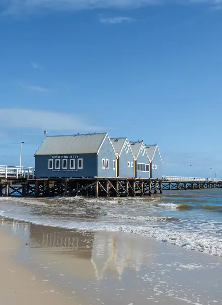 stock image BUSSELTON, AUSTRALIA - AUGUST 13, 2024: Extending 1.841 kilometres over the protected waters of Geographe Bay in Western Australia, the heritage-listed Busselton Jetty is the longest wooden-piled jetty in the Southern Hemisphere.