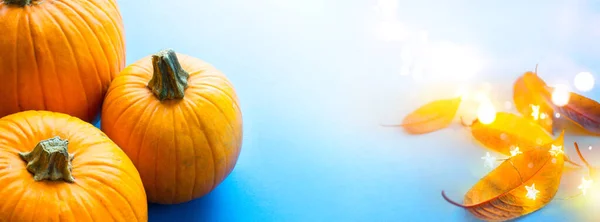 感恩节派对横幅或贺卡背景 蓝色背景上有秋天的南瓜和秋天的叶子 — 图库照片
