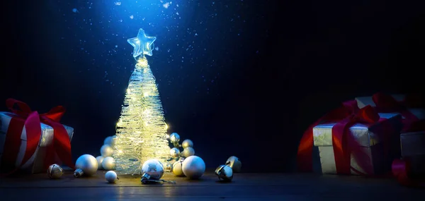 圣诞树和圣诞灯带有复制标记的圣诞横幅或贺卡设计 — 图库照片