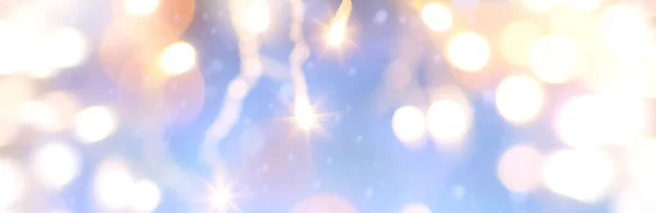 Konst Christmas Lights Och Fallande Snö Blå Bakgrund Julbanderoll — Stockfoto