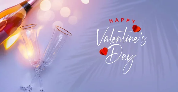 Greeting Banner Card Happy Valentine Day Champagne Wine Two Glasses — 스톡 사진