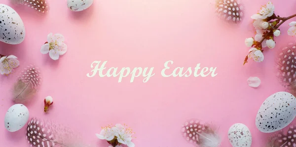 Easter Border Frame Easter Eggs Spring Flowers Copy Space Middle — Stock Photo, Image