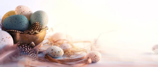 Joyeuses Pâques Oeufs Peints Pâques Dans Panier Sur Table Rustique — Photo