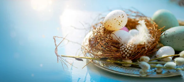 Decorazione Vacanze Pasquali Sfondo Blu Legno Soleggiata Mattina Pasqua Felice — Foto Stock