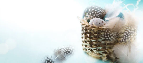 复活节快乐 节日横幅设计与装饰复活节彩蛋在复古篮子 复制人C — 图库照片