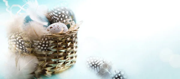 复活节快乐贺卡 节日横幅设计与装饰复活节彩蛋在复古篮子 复制人C — 图库照片