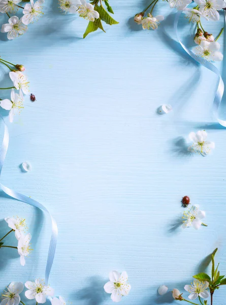 蓝色背景的春花边框 白色春花边框 有复制空间的春花边框 — 图库照片
