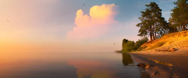令人印象深刻的夏季日出在湖面上 沙滩上 松林苍翠 乌克兰 欧洲第聂伯河上的阳光户外场景 自然美概念背景 — 图库照片