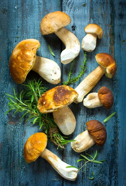 夏季或秋季新鲜的香菇 木桌上的香菇和香料 意大利大白菜 — 图库照片