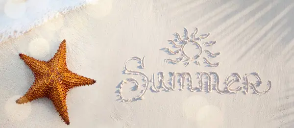 Abstract summer tropical holidays banner; sandy beach and wave on the edge of clear water, starfish on the sand and an inscription on the sand; summer vacation concept banner with copy space