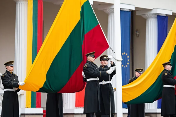 リトアニアのヴィリニュス 2023年2月16日 リトアニア国家復興の日のお祝いイベント中にバルト三国の国旗を掲揚する儀式 — ストック写真