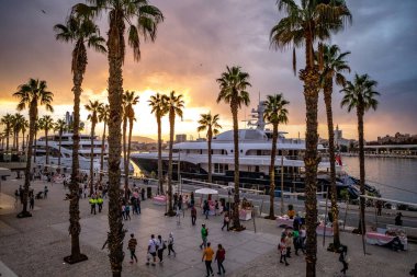 Malaga, İspanya - 17 Kasım 2024: Palmiye ağaçları, yatlar ve yoldan geçenler ile Malaga limanında gün batımı.