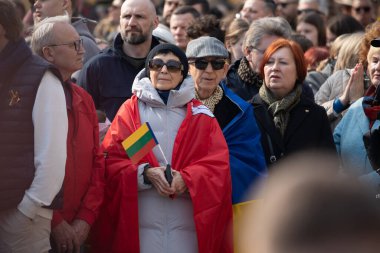 Vilnius, Litvanya - 11 Mart 2025: Nepriklausomybes Meydanı 'ndaki Bağımsızlık Günü kutlamalarında Litvanya ve Ukrayna bayraklı yaşlı çift
