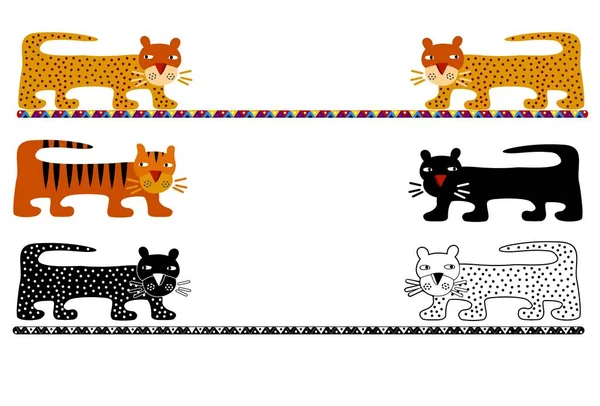 野生の猫の装飾的な国境デザイン — ストックベクタ