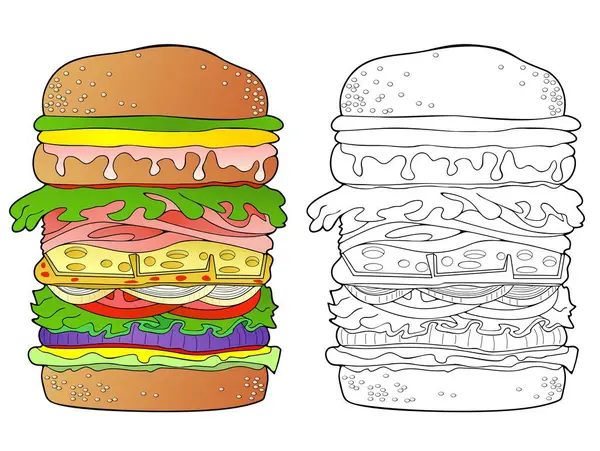 Burger Com Tudo Sobre Ele Bônus Versão Esboço Preto —  Vetores de Stock
