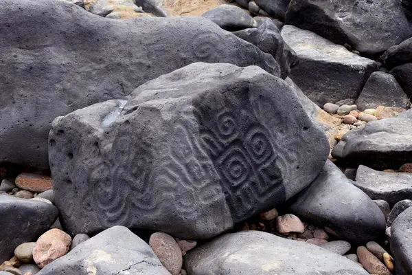 Χαραγμένη Πέτρα Στην Παραλία Του Las Labradas Μεξικό — Φωτογραφία Αρχείου