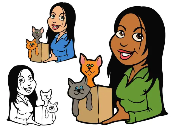Young Woman Box Kittens Comes Bonus Variations — Stock Vector
