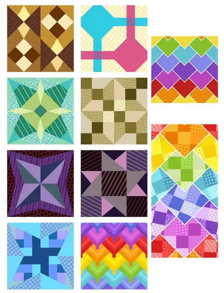 Conjunto Patrones Diseños Edredones Muchos Colores — Vector de stock