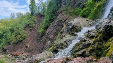 Michigan 'ın Keweenaw Yarımadası' ndaki Douglass Houghton Şelalesi 'ndeki yosunlu kayalıklardan su sızıyor.