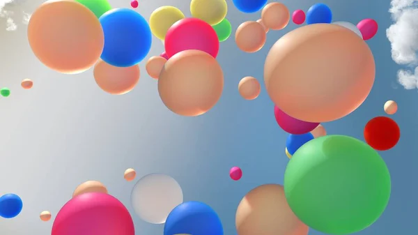 Colorful balloons floating in the cloudy sky. Abstract background of different colors balls floating in the air lit with the sun.