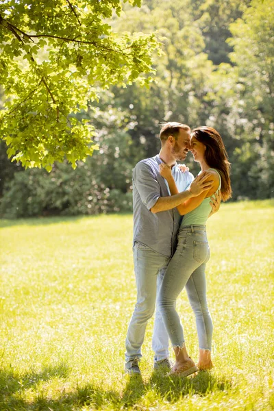 快乐的年轻夫妇在夏日的草地上恋爱 — 图库照片