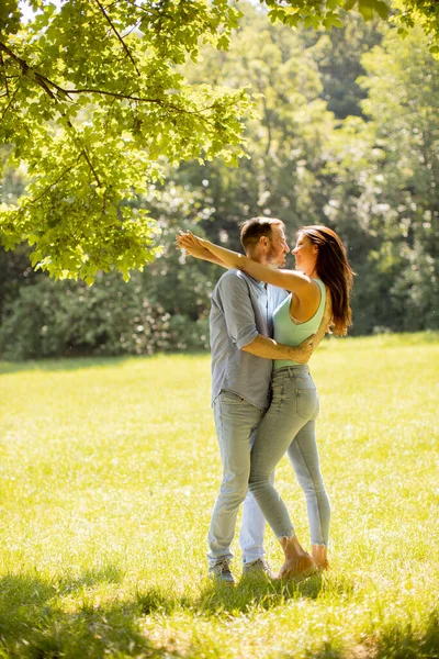 快乐的年轻夫妇在夏日的草地上恋爱 — 图库照片