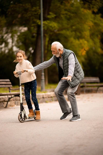Senior Lehrt Seine Enkelin Tretroller Fahren Herbstpark — Stockfoto