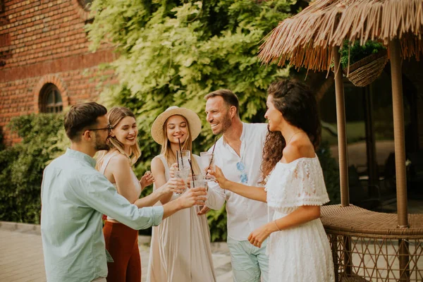 Group Happy Young People Cheering Having Fun Outdoors Drinks — Stockfoto