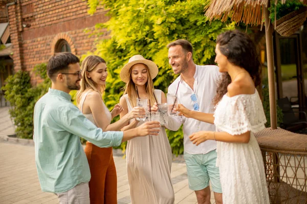 Group Happy Young People Cheering Having Fun Outdoors Drinks — Zdjęcie stockowe