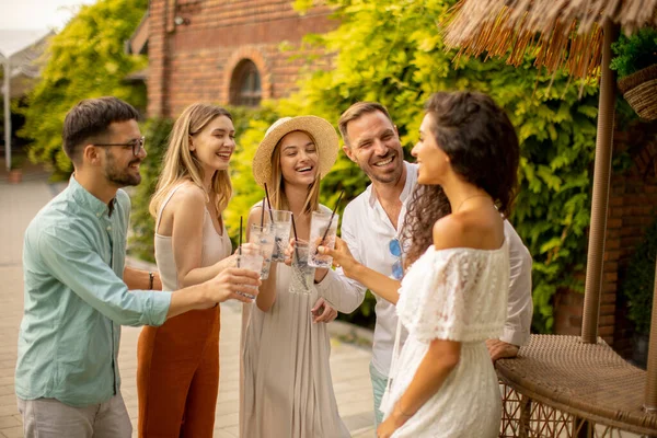Group Happy Young People Cheering Having Fun Outdoors Drinks — стоковое фото