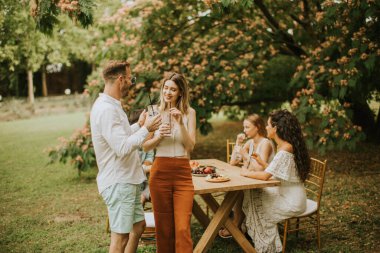 Group of young people cheering with fresh lemonade and eating fruits in the garden