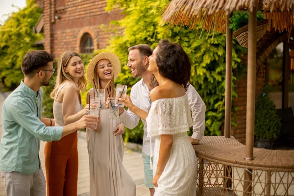 Group Happy Young People Cheering Having Fun Outdoors Drinks — Stok fotoğraf
