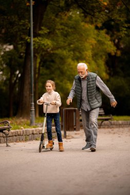 Son sınıf öğrencisi, torununa sonbahar parkında scooter sürmeyi öğretiyor.