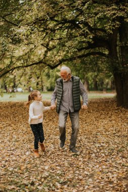 Yakışıklı büyükbaba sonbahar günü torunuyla parkta vakit geçiriyor.