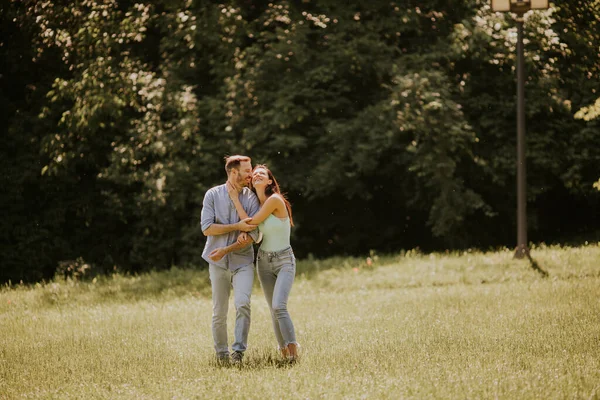 夏の日に芝生のフィールドでの愛の幸せな若いカップル — ストック写真